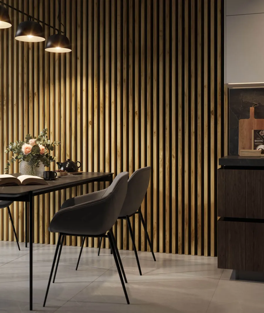 obrazek 1 275x30x4,6 cm LD (5 lameli dąb wotan) panel akustyczny na płycie MDF 6 mm - dekoracja ścienna 3D