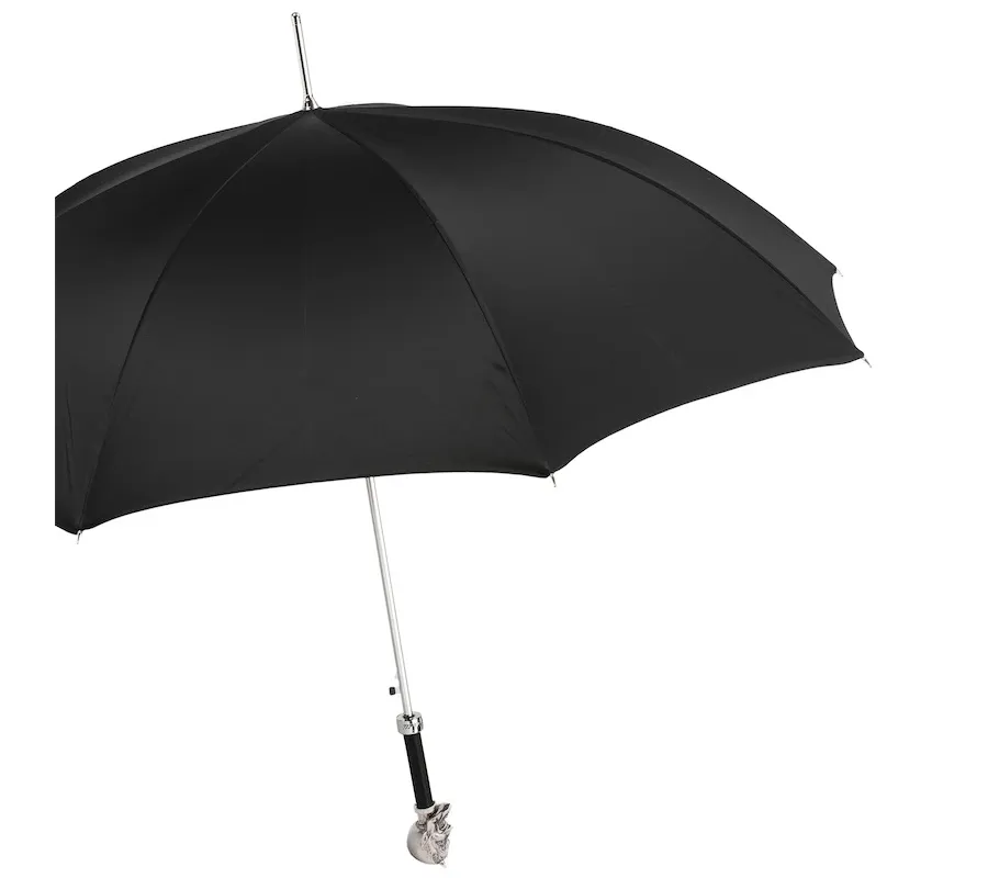 obrazek 7 Stylowy czarny parasol męski z rączką – srebrną głową Lucyfera – Pasotti