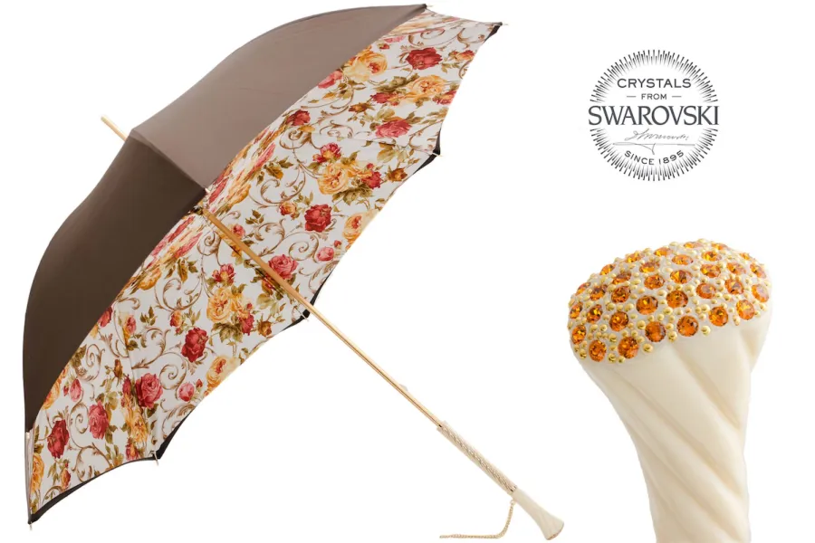 obrazek 1 Luksusowy brązowy parasol damski zdobiony wyjątkowym kwiatowym motywem z rączką wysadzaną kryształkami Swarovskiego - Pasotti