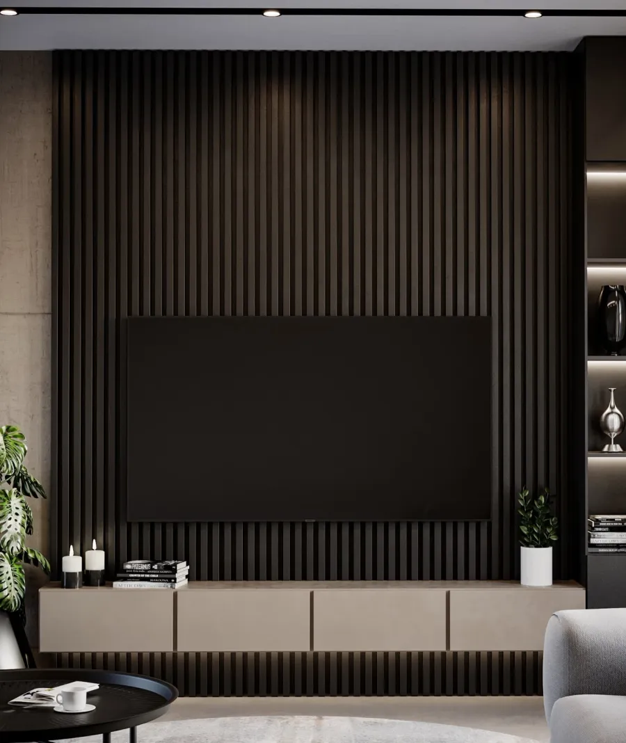 obrazek 1 275x30x4,6 cm LD (5 lameli czarny mat) panel akustyczny na płycie MDF 6 mm - dekoracja ścienna 3D