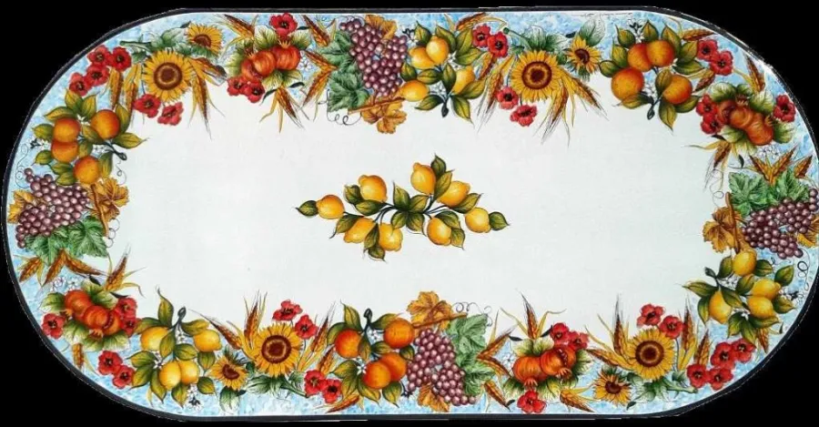 obrazek 1 Owalny blat ogrodowy z lawy zdobiony owocowo kwiatowym motywem – Ceramiche Valchida