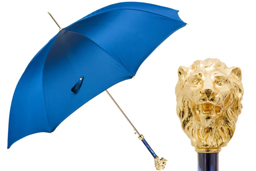 obrazek 1 Stylowy niebieski parasol męski z rączką w kształcie złotej głowy lwa – Pasotti
