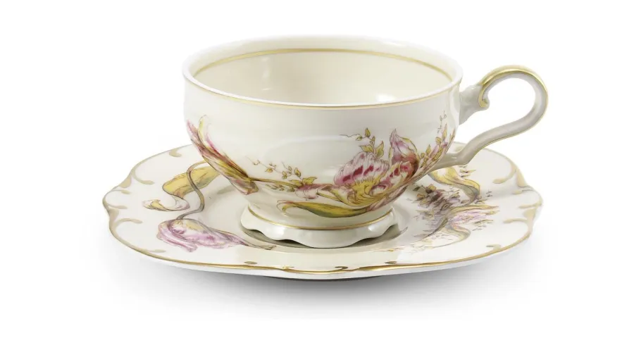 obrazek 1 Ekskluzywna porcelanowa filiżanka do herbaty ze spodkiem zdobiona tulipanami – Rudolf Kampf