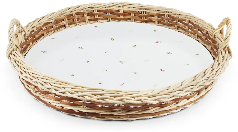 obrazek 1 Stylowa porcelanowa taca  do serwowania w wiklinowym koszu - wariant 1 - Leander