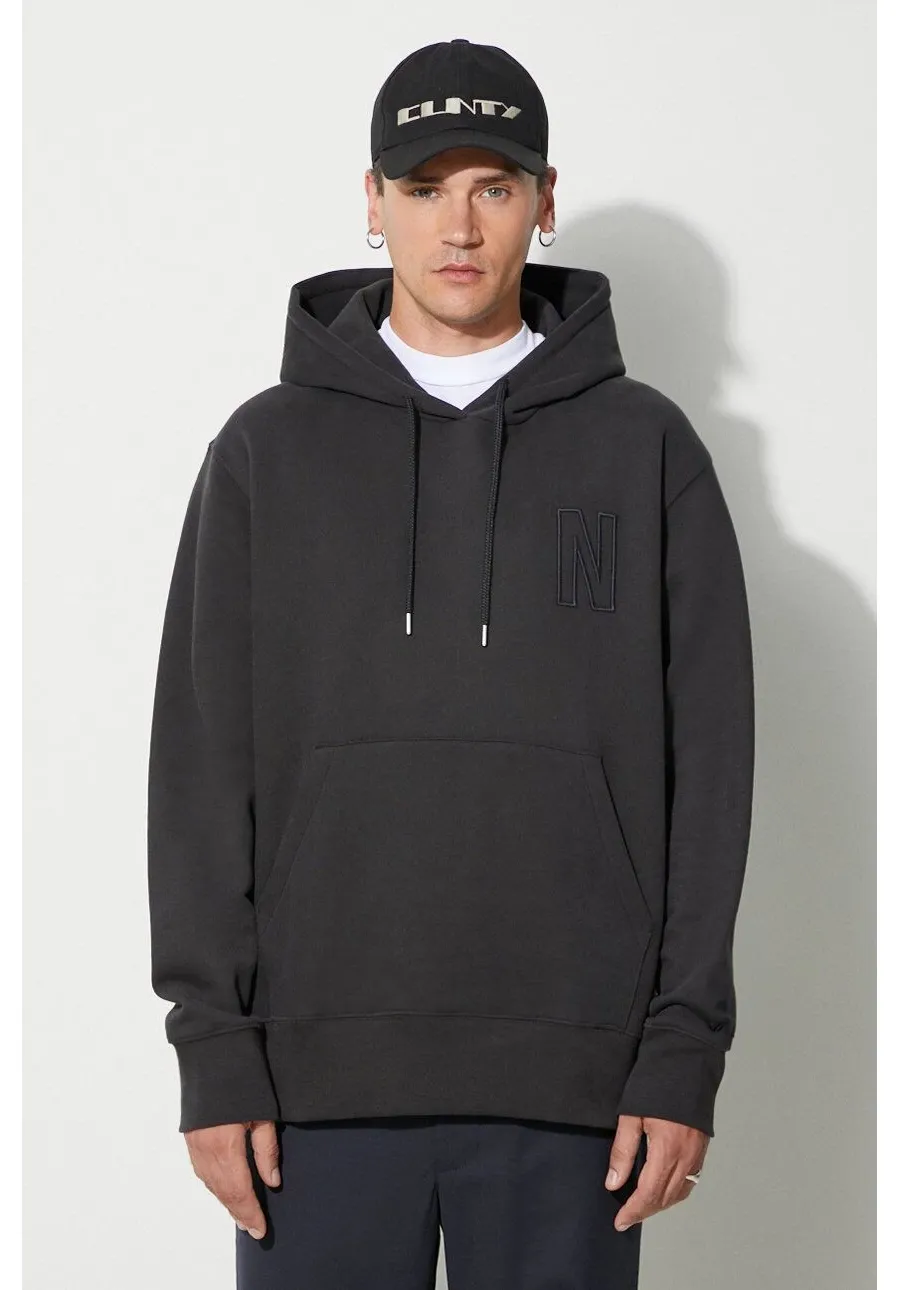 obrazek 1 Norse Projects bluza bawełniana Arne Relaxed Organic Brushed Fleece N Logo Hoodie męska kolor czarny z kapturem gładka N20-1354-9999