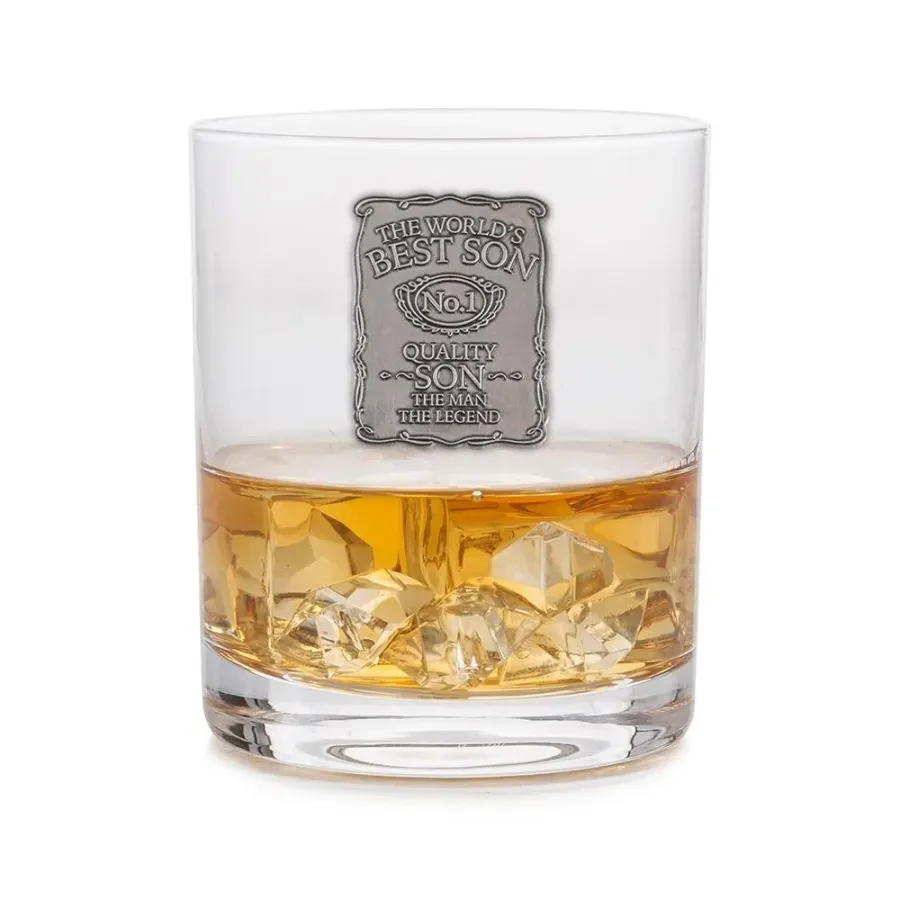 obrazek 1 Szklanka do whisky z cynowym emblematem ”Najlepszy syn na świecie” – prezent dla wyjątkowego syna