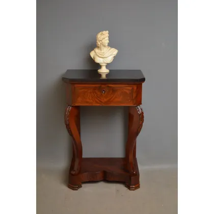 Zdjęcie XIX-wieczny mahoniowy stół o niezwykle wąskich proporcjach, z oryginalnym czarnym marmurem - antyk