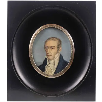 Picture Antique oval miniature with a portrait of a gentleman placed in a rectangular ebonized frame