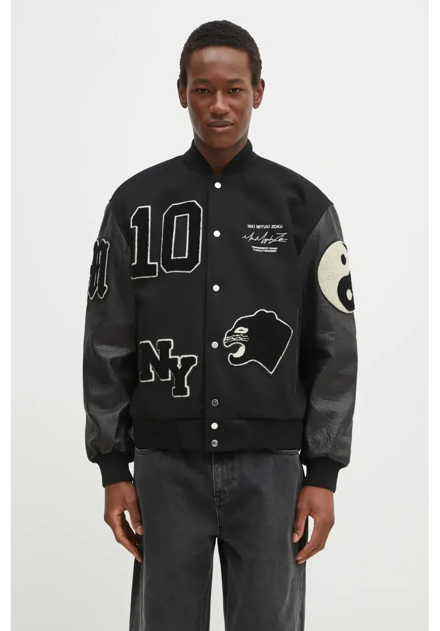 obrazek 1 MKI MIYUKI ZOKU kurtka bomber wełniana Patch Varsity kolor czarny przejściowa PATCH.VARSITY.BLACK