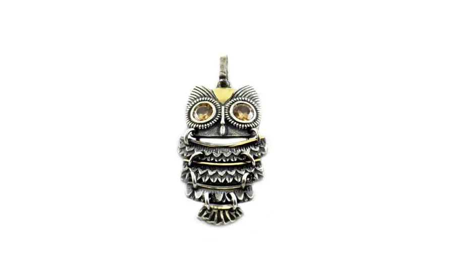 picture 1 Owl pendant made of silver with gold details and yellow zirconia crystals