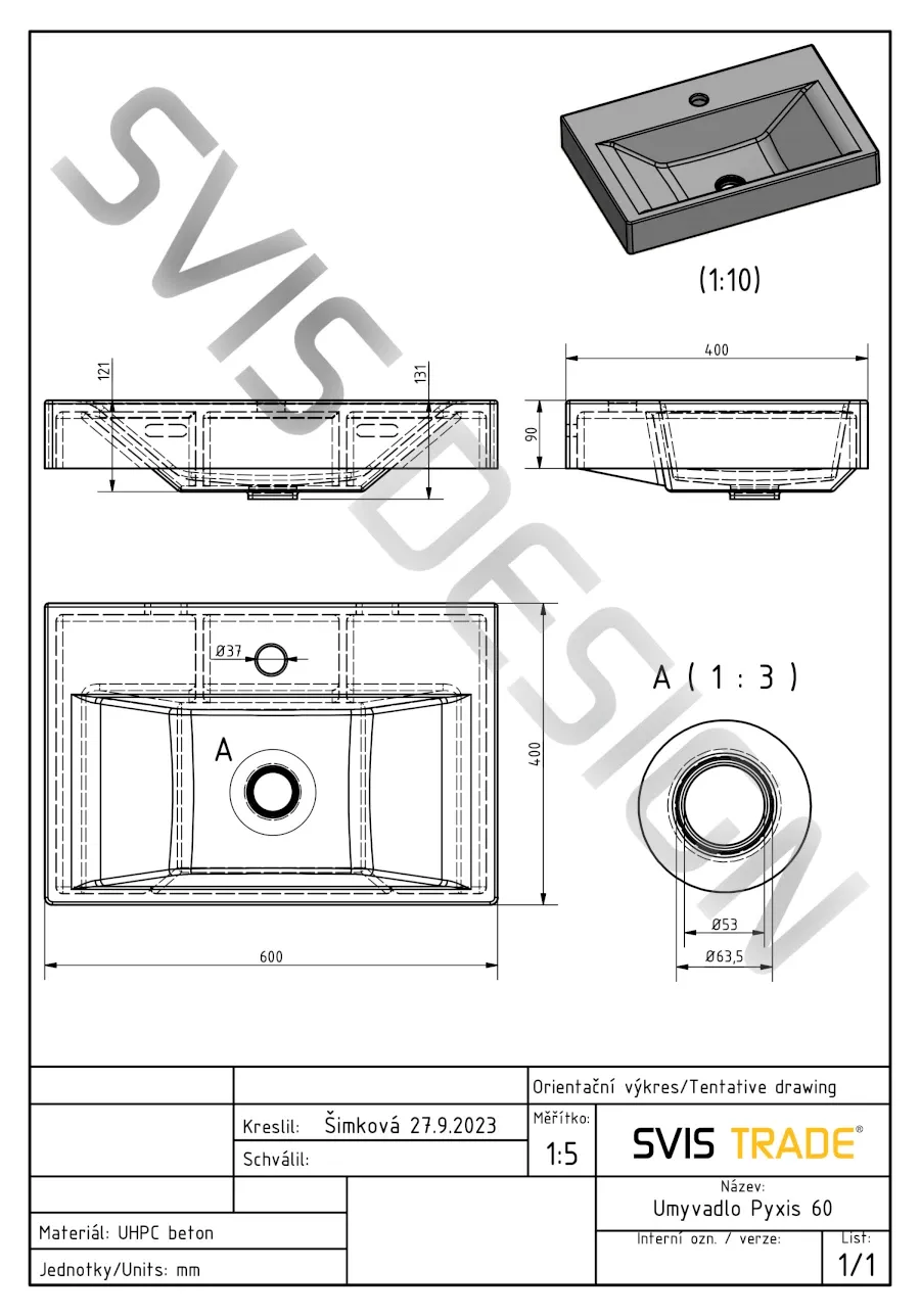 obrazek 4 Elegancka umywalka 60 cm PYXIS BASIC z przelewem, z otworem na baterię - naturalny, bez dekoru, bez lakieru