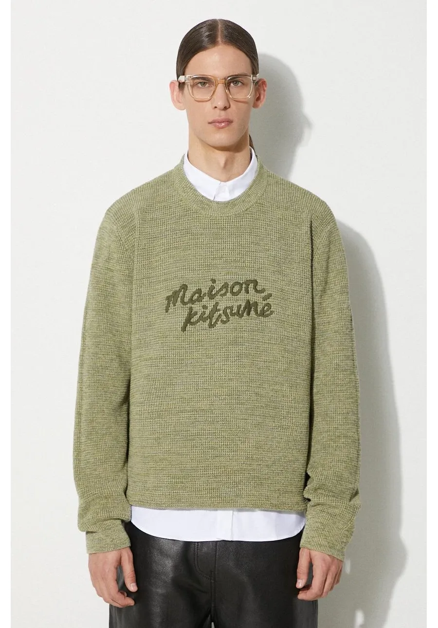 obrazek 1 Maison Kitsuné sweter bawełniany Handwriting Comfort Jumper kolor zielony  MM00807KT1108