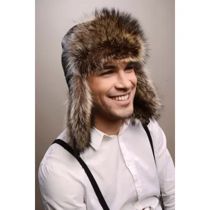 Zdjęcie Cudowna skórzana czapka męska z futrem szopa