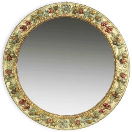 Zdjęcie Okrągłe lustro z rzeźbionego drewna polichromowanego z motywami owoców i warzyw