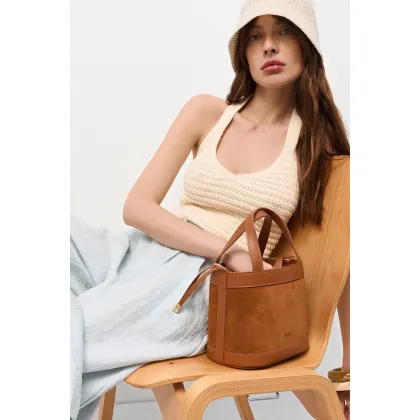 Zdjęcie Estro: Brązowa torebka damska typu kuferek z naturalnego włoskiego weluru i skóry