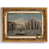 Zdjęcie Ręcznie wykonany gobelin ilustrujący Mediolan w drewnianym obramowaniu