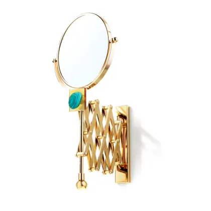 Zdjęcie Piękne ścienne lusterko z powiększeniem (2×) z 24K złota z bursztynowym szkłem i zielonym medalionem z agatu - Il Paralume Marina