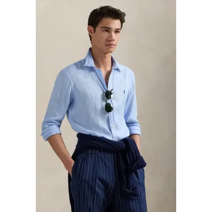 Zdjęcie Polo Ralph Lauren koszula lniana męska kolor granatowy slim z kołnierzykiem button-down 710968915