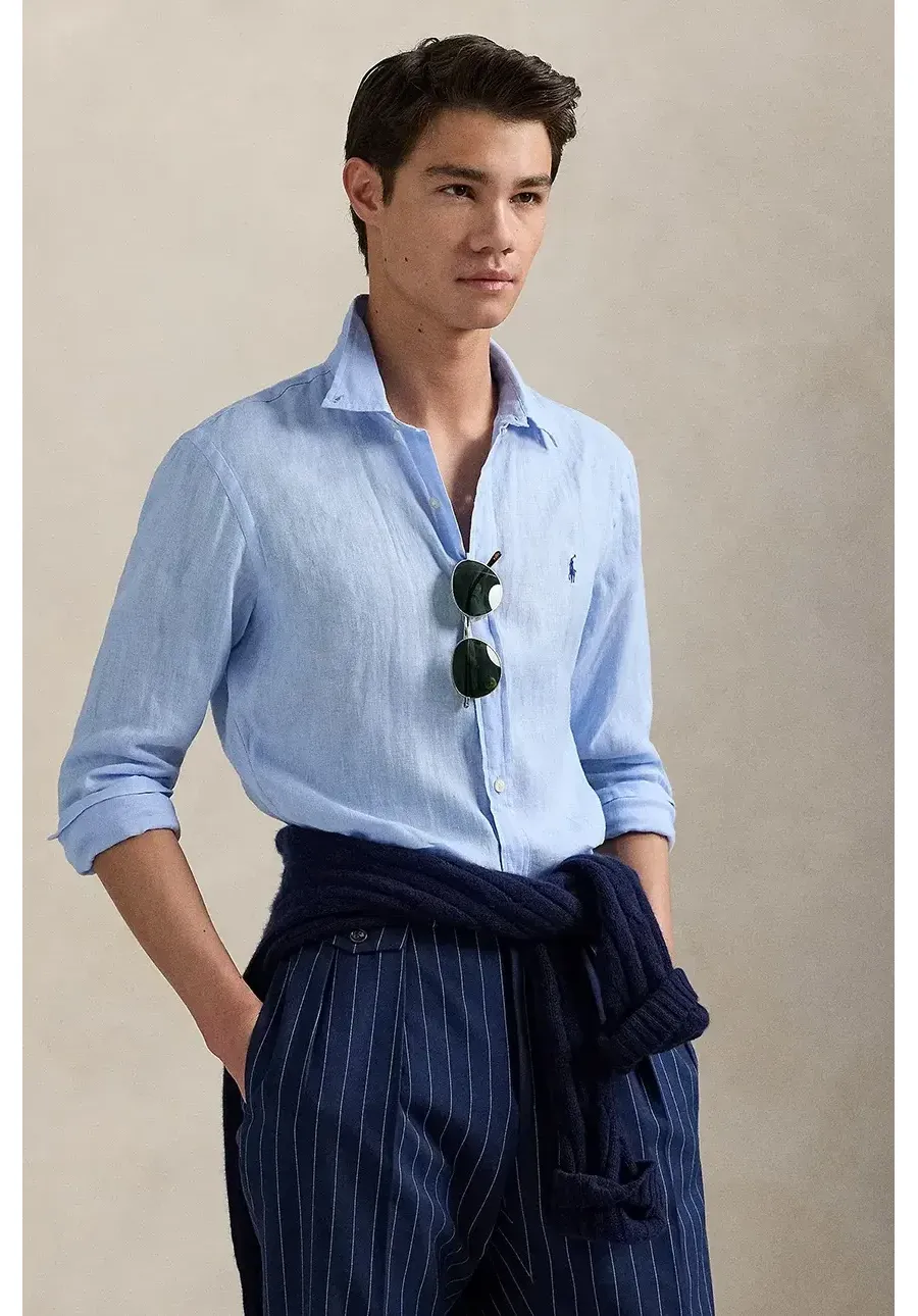 obrazek 1 Polo Ralph Lauren koszula lniana męska kolor granatowy slim z kołnierzykiem button-down 710968915