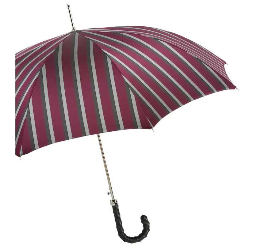 obrazek 7 Klasyczny parasol męski w paski ze skórzaną czarną rączką – Pasotti