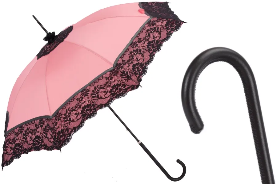 obrazek 1 Stylowy różowy parasol damski zdobiony czarną koronką – Pasotti