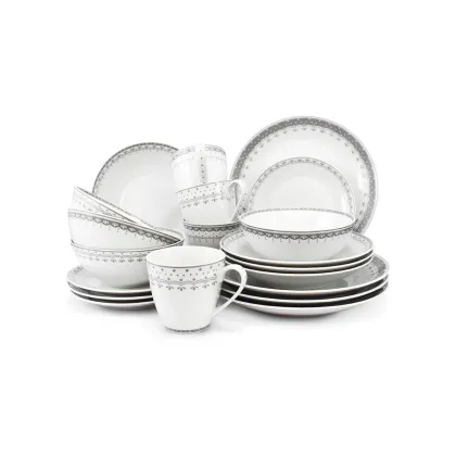 Zdjęcie 20-elementowa zastawa obiadowa z porcelany w kolorze szarym z pięknym delikatnym zdobieniem – Leander