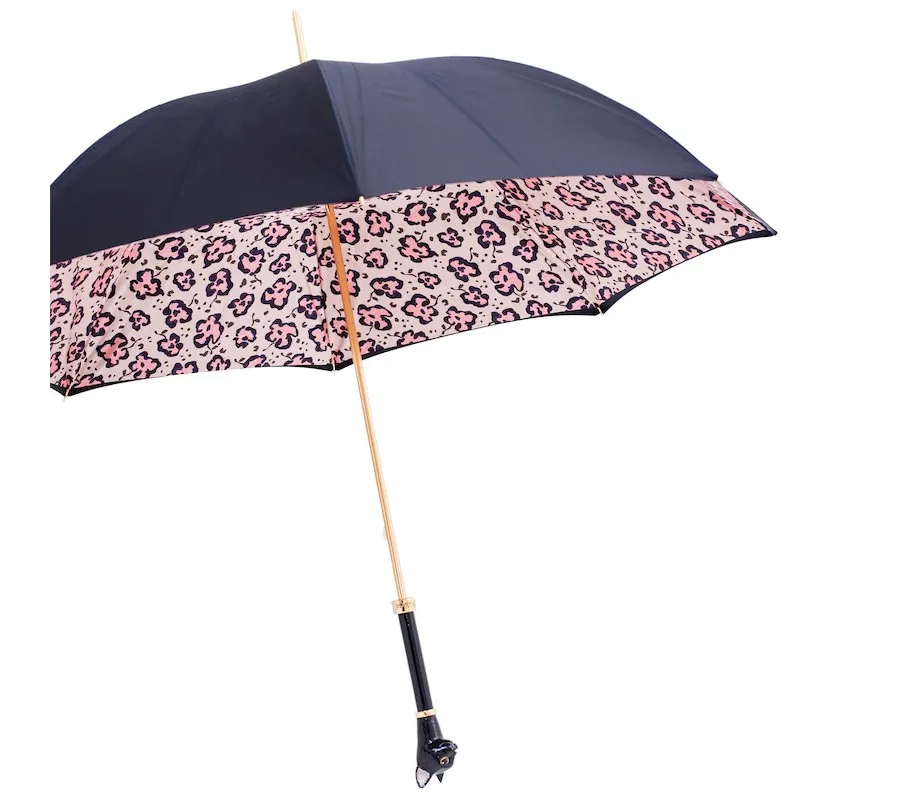 obrazek 7 Ekskluzywny czarny parasol damski z rączką zdobioną głową czarnego kota – Pasotti