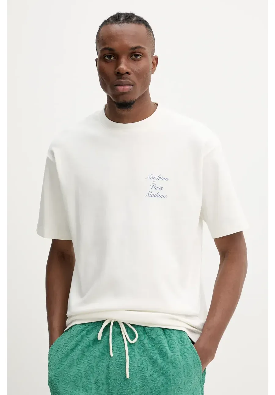 obrazek 1 Drôle de Monsieur t-shirt bawełniany Le T-Shirt Slogan Cursive męski kolor beżowy z nadrukiem G-TS209-CO002-OW