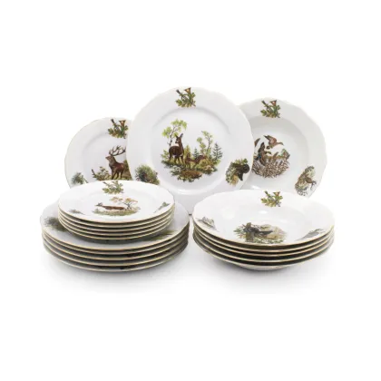 Zdjęcie Stylowy 18-elementowy komplet talerzy z porcelany zdobiony motywami myśliwskimi – Leander