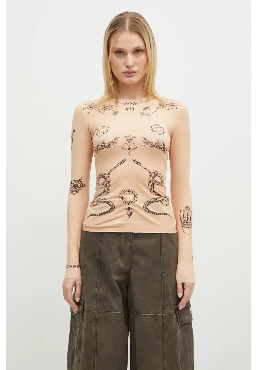 obrazek 1 Marine Serre longsleeve Tattoo Printed Jersey Second Skin Crewneck Top damski kolor pomarańczowy WTS006A.CJER0059