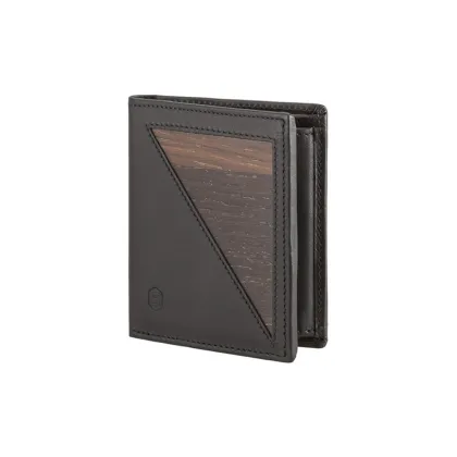 Picture Stylish men's wallet made of high-quality smooth black leather and smoked oak wood