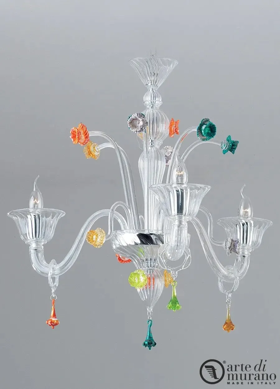 obrazek 1 Urokliwy włoski żyrandol ze szkła Murano na 8 żarówek z wielobarwnymi kwiatami i wisiorkami