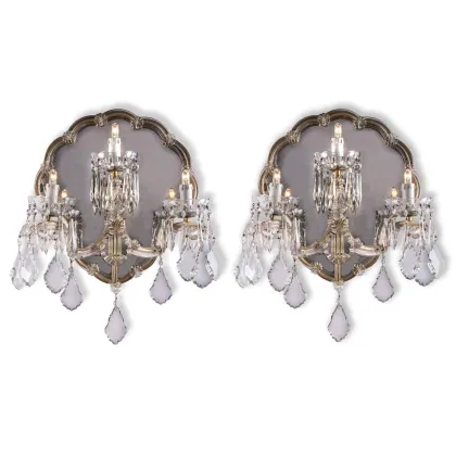 Zdjęcie Para kinkietów Maria Teresa z lustrem, z trzema zakrzywionymi ramionami - vintage