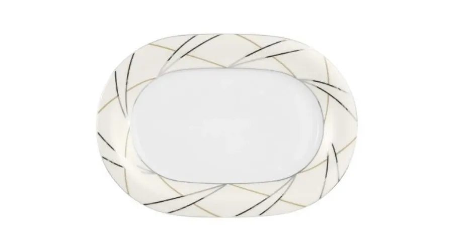 obrazek 1 Piękny nowoczesny owalny porcelanowy półmisek z pięknym kremowo-srebrnym zdobieniem - Tettau