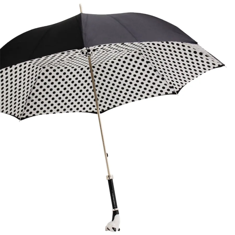 obrazek 7 Oryginalny czarno biały parasol damski w czarne kropki z rączką zdobioną głową pandy – Pasotti