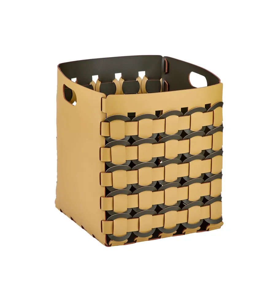 obrazek 1 Niepowtarzalny skórzany kosz Geometria Rotonda 35x35xH40 cm w kolorze musztardowym