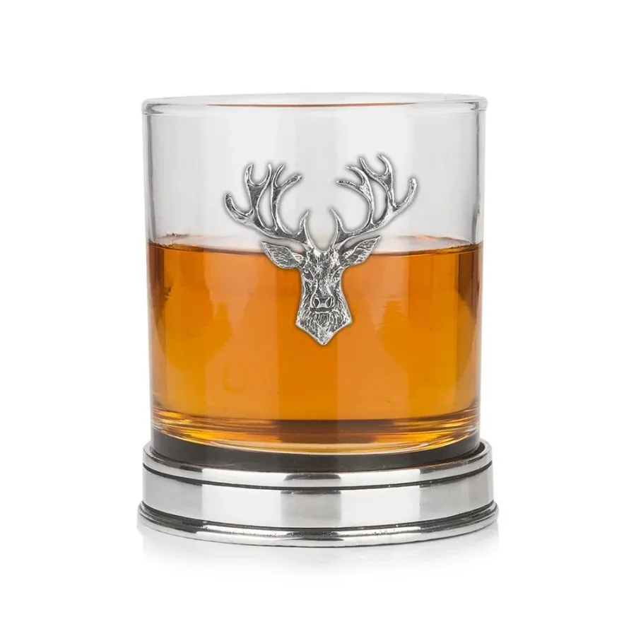 obrazek 1 Wyjątkowy prezent - szklanka do whisky z głową jelenia z pewteru i polerowaną podstawą