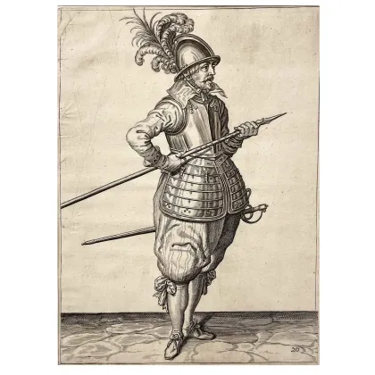 Picture Engraving by Jacob De Gheyn Armored Soldier Helmet Sword and Pike from the 17th century