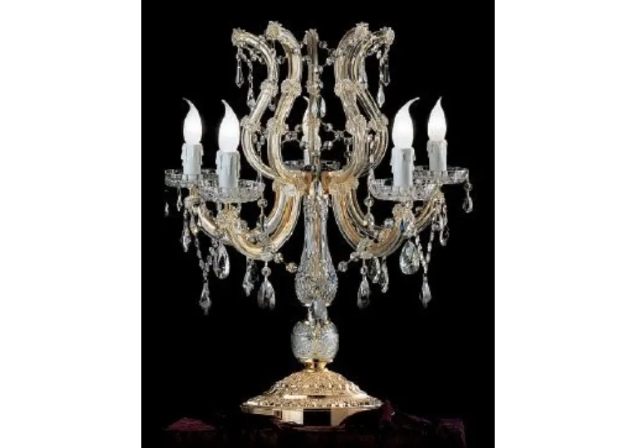 obrazek 1 Lampa stołowa Mariateresa z pozłacaną metalową ramą pokrytą przezroczystymi szklanymi ramionami i przezroczystymi kryształowymi zawieszkami - Il Paralume Marina