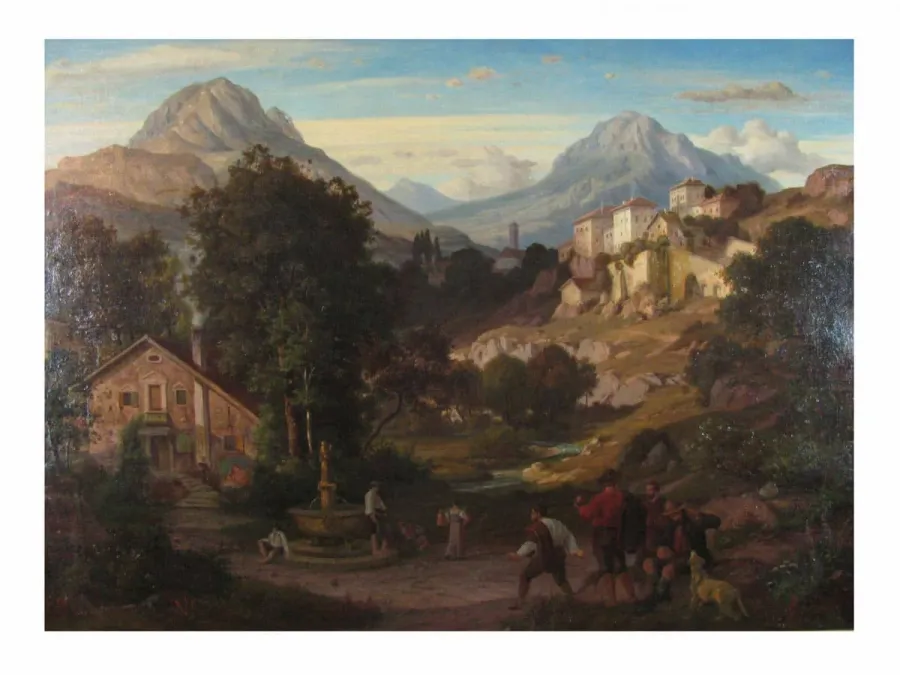 obrazek 3 Wspaniały alpejski krajobraz, bogaty w figury i różne perspektywy podpisany Ed Cohen 1866 Weimer