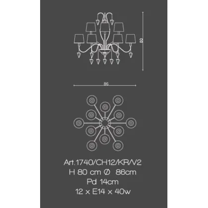 Zdjęcie Żyrandol z 12 światłami z polerowanego mosiądzu z oszlifowanymi kryształowymi diamentami i kloszami z jedwabiu - Il Paralume Marina