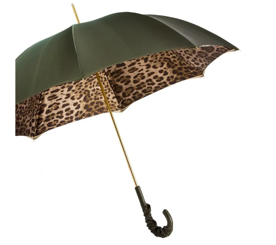 obrazek 6 Wyjątkowy ciemnooliwkowy parasol damski zdobiony wzorem skóry leoparda - Pasotti