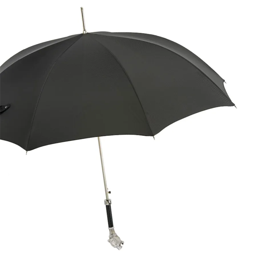 obrazek 7 Elegancki czarny parasol męski z rączką w kształcie srebrnej głowy pantery - Pasotti