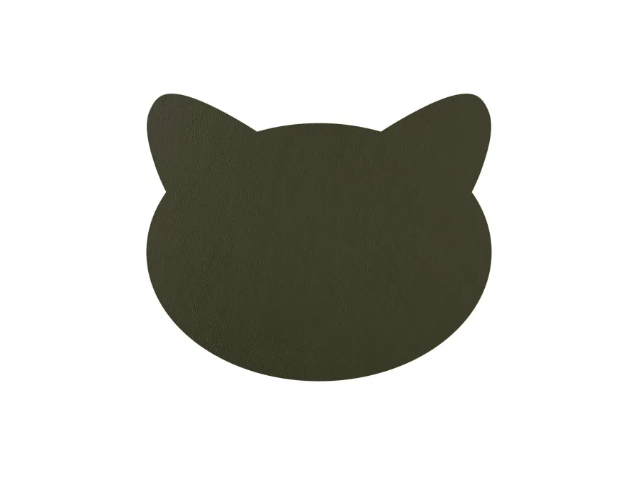 obrazek 3 Podkładka na stół z wzorem kota wykonana ze skóry w kolorze musztardowym i oliwkowym