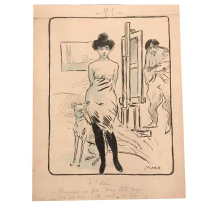 Picture Model with a dog in the painter's studio, ink and watercolor drawing, signed