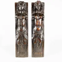 Picture Antique pair of baroque, hand-carved female figures with beautiful dark patina - XVII