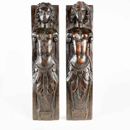 Picture Antique pair of baroque, hand-carved female figures with beautiful dark patina - XVII