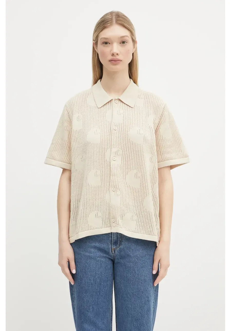 obrazek 1 Carhartt WIP koszula bawełniana W’ S/S Temple Knit Shirt damska kolor beżowy relaxed z kołnierzykiem klasycznym I034541