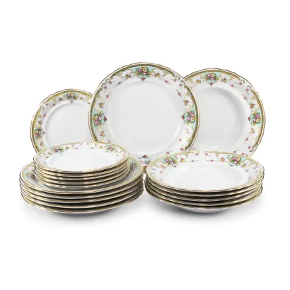 Zdjęcie Stylowy 18-elementowy komplet porcelanowych talerzy zdobiony motywem kwiatów – Leander
