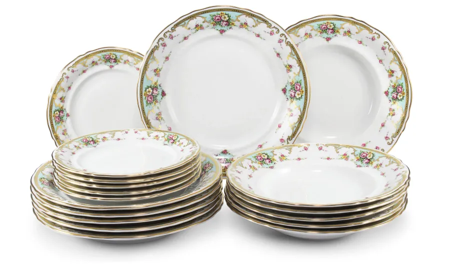 obrazek 1 Stylowy 18-elementowy komplet porcelanowych talerzy zdobiony motywem kwiatów – Leander